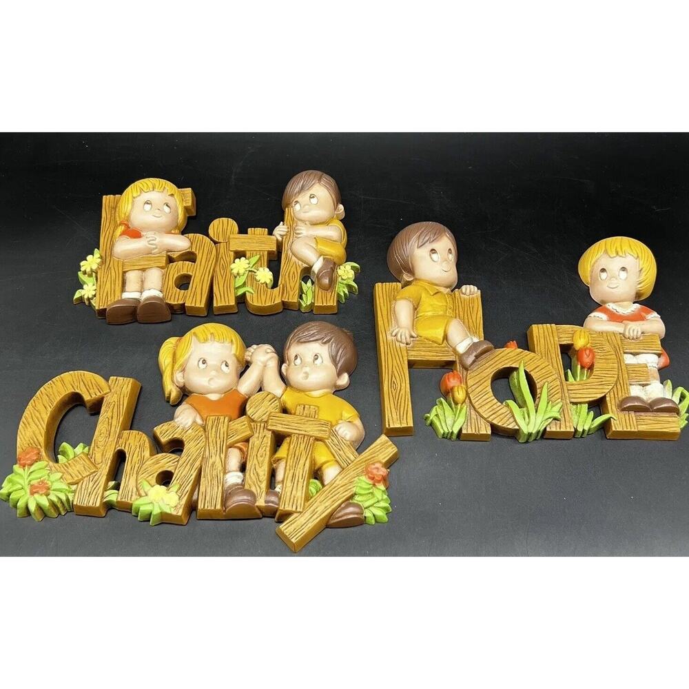 Vintage Burwood USA Set of 3 FAITH, HOPE, CHARITY Wall Plaques 1982 Children